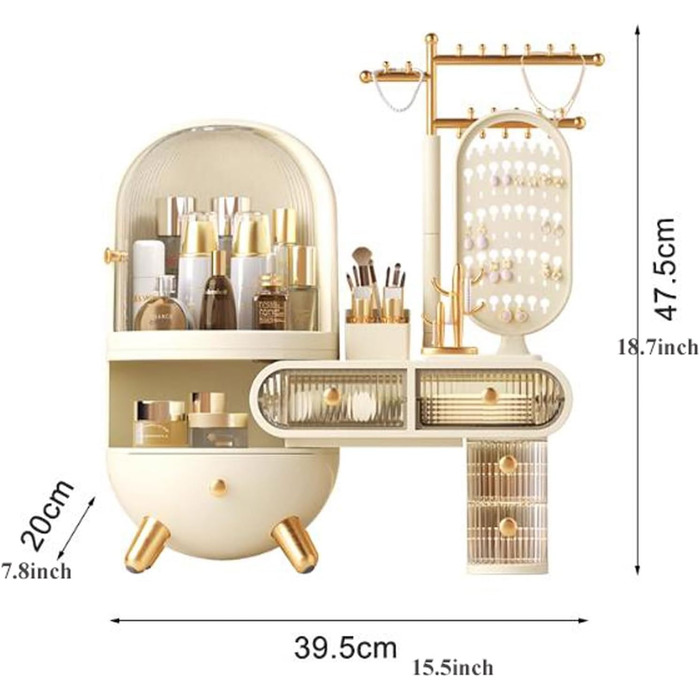 Органайзер для зберігання косметики Органайзер для макіяжу великої місткості, зберігання косметики з ящиками, шафа, тримач для пензлика та губної помади, полиця для ювелірних виробів, вітрина для макіяжу, для макіяжу, стійка для ювелірних виробів