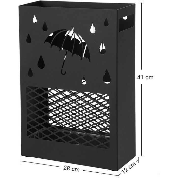 Металева підставка для парасольки, підставка для парасольки, прямокутна, зі знімним піддоном для крапель води, 4 гачки, конструкція з вирізом, для передпокою та офісу, чорна LUC004B01
