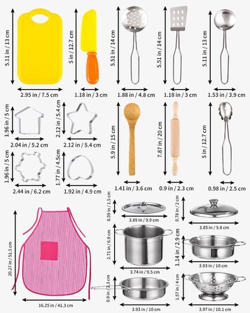Дитяча кухня грати кухонні аксесуари, дитячі кухонні іграшки їжа грати кухня набір каструлі з нержавіючої сталі, з фартухом і капелюхом шеф-кухаря, дерев'яні кухонні аксесуари для дітей хлопчики дівчатка