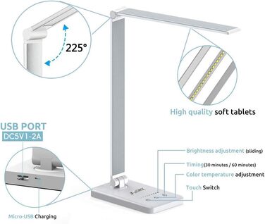 Настільна лампа Lacmisc Настільна лампа з регулюванням яскравості 5 кольорів і 10 рівнів яскравості Настільна лампа Світлодіодне сенсорне керування Рівні яскравості Настільне світло та USB-порт 01 -Сріблястий - 6 Вт