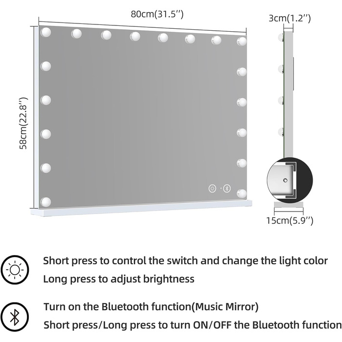 Дзеркало Hansong Hollywood 80x60 з підсвічуванням і Bluetooth, 18 світлодіодних ламп, 3 режими освітлення, дзеркало для макіяжу з регулюванням яскравості з підсвічуванням і USB-портом для зарядки 80x60 см динамік