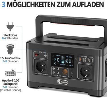 Портативна електростанція FF FLASHFISH 500 Вт, сонячний генератор 520 Втгод/140400 мАг 500 Вт (сплеск 1000 Вт) змінного струму, вихід 5xDC і 4 виходи USB, резервне живлення для кемпінгу/дому/Blacko