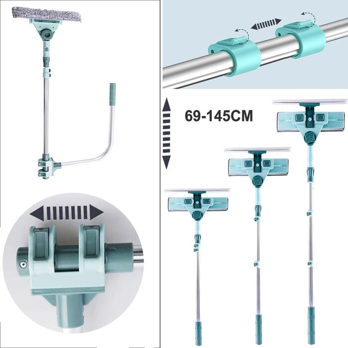 Телескопічна штанга для миття вікон Hooha 2-в-1 зі знімачем вікон з обертанням на 180, штангою U-подібного кронштейна та телескопічною ручкою 69-145 см для скла/вікна/баньо/підлоги/автомобіля