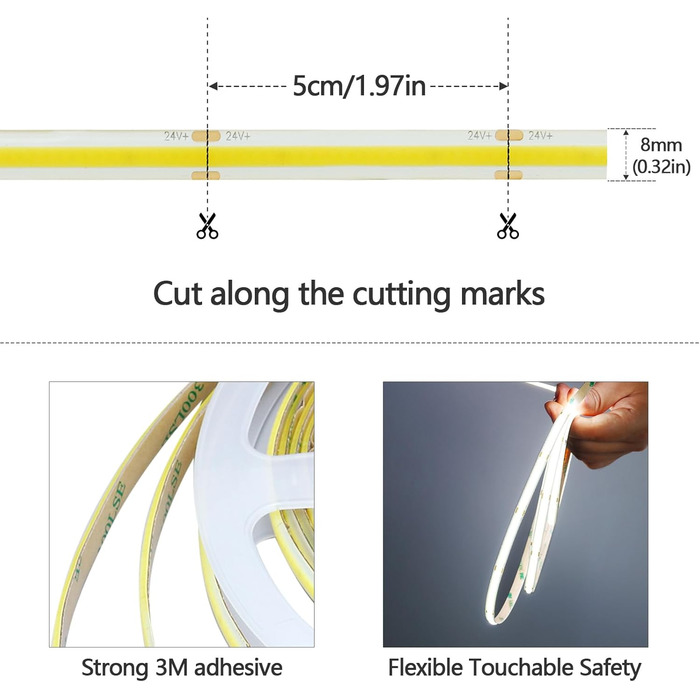 Світлодіодна стрічка GOMING 24 В COB 3000K 5M Водонепроникна світлодіодна стрічка IP65 480 світлодіодів / м Без світлових плям CRI 93 Світлодіодна стрічка високої яскравості 4300 лм для прикраси домашньої кухні (тільки стрічка) (холодний білий, 5 метрів)