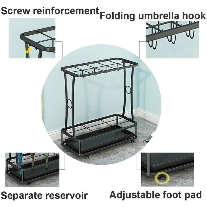 Підставка для парасольки HYUREWF, чорний комерційний тримач, велика місткість для вільного зберігання, з гачком і піддоном для крапель (18 отворів, 10 гачків (21 отвір, 24 гачки)) 10 отворів 8 гачків