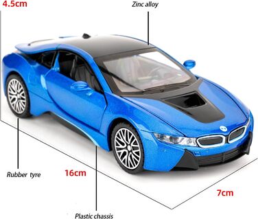 Модель автомобіля BMW I8, іграшковий автомобіль з цинкового сплаву зі звуком і світлом для дітей хлопчиків дівчаток подарунок (синій), 1/32