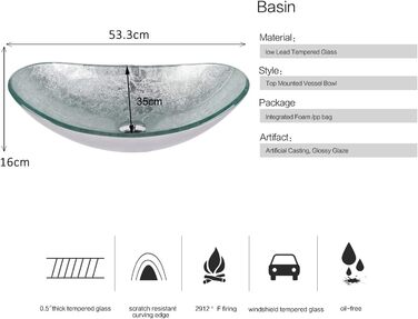 Умивальник Скляна стільниця Умивальник зі змішувачем Набір відходів, Набір умивальників Ванна кімната Кухня, Гостьовий туалет (овальний, сріблястий)