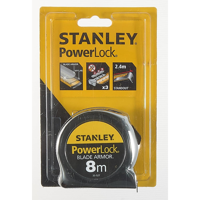 Рулетка Stanley Micro Powerlock (довжина 8 м, фіксатор, перемотування, затискач для ременя, хромована, захисне покриття Mylar) 0-33-527 8м