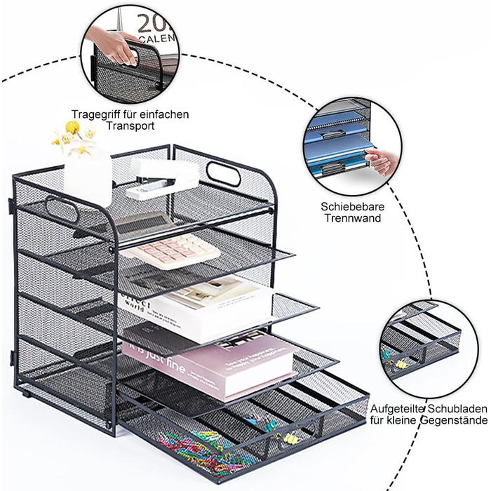 Органайзер для столу Accmuzzy 5 рівнів з ящиком, сітчасті лотки для документів з ручкою, металевий стіл-органайзер для листів/А4 -чорний (5 рівнів)