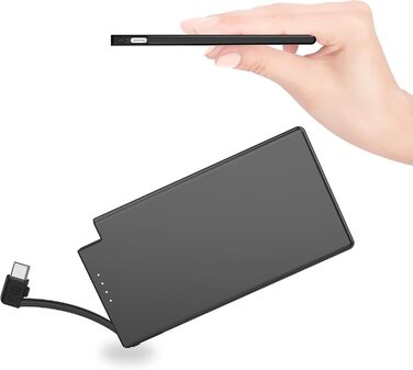 Ультратонкий акумулятор TNTOR 5000mAh з просоченим кабелем USB C, товщина 6 мм металева оболонка Портативний міні-акумулятор для Samsung Galaxy Sony Huawei Xiaomi - чорний для версії USB-C