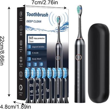 Електрична зубна щітка Dtaigou для дорослих, електрична зубна щітка, електричні зубні щітки - глибоке чищення 40 000 VPM, 6 режимів, зубна щітка, дорожній кейс в комплекті, швидка зарядка, 3 чорні 1 шт. (1 упаковка)