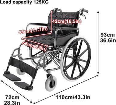 Складна транспортна інвалідна коляска Sunyongfly Складна алюмінієва інвалідна коляска Всюдихідна складна інвалідна коляска для дорослих підходить для важких дорослих, людей похилого віку та людей з обмеженою рухливістю 72X110X93 см (28.3X43.3X36.6 дюймів)