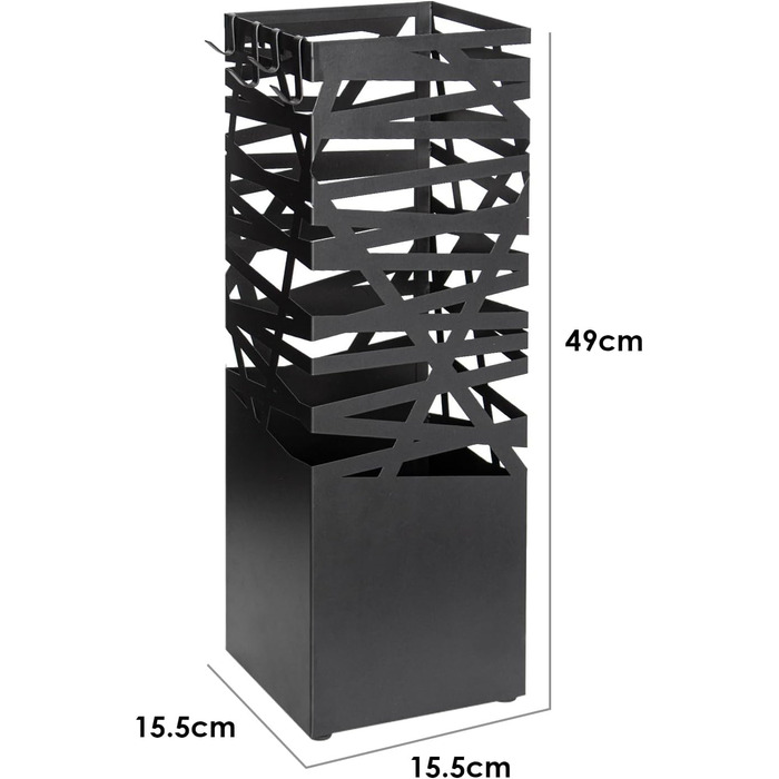 Металева підставка для парасольки Todeco з вирізаним малюнком, квадратна підставка для парасольки з 4 гачками та знімним піддоном для крапель води, для входу, дому, офісу, чорна, 15,5x15,5x49 см
