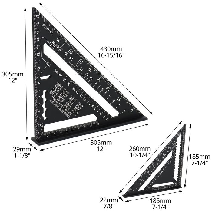 Косинець столярний 2 шт. , метричний кутник, алюмінієвий косинець для покрівлі 185 мм і 300 мм, великий транспортир, для столярів, теслярів, покрівельників