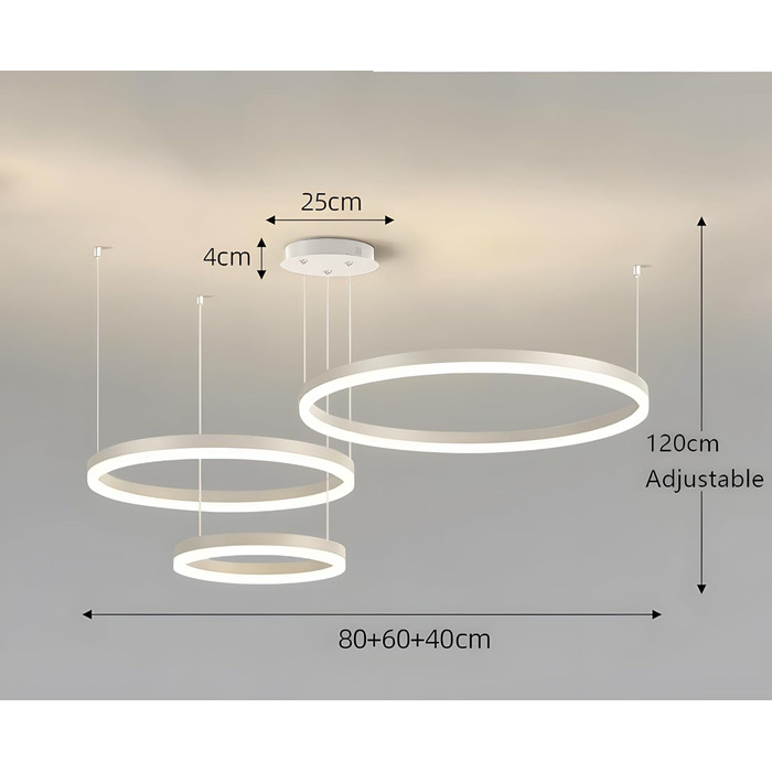 Металева світлодіодна люстра WayLuoung 3 кола 204060см Стельовий підвісний світильник з кільцями 45 Вт, пульт дистанційного керування з регулюванням яскравості 3000-6000K, підвісний світильник з акриловим абажуром, вітальня, спальня, фойє, їдальня (білий,