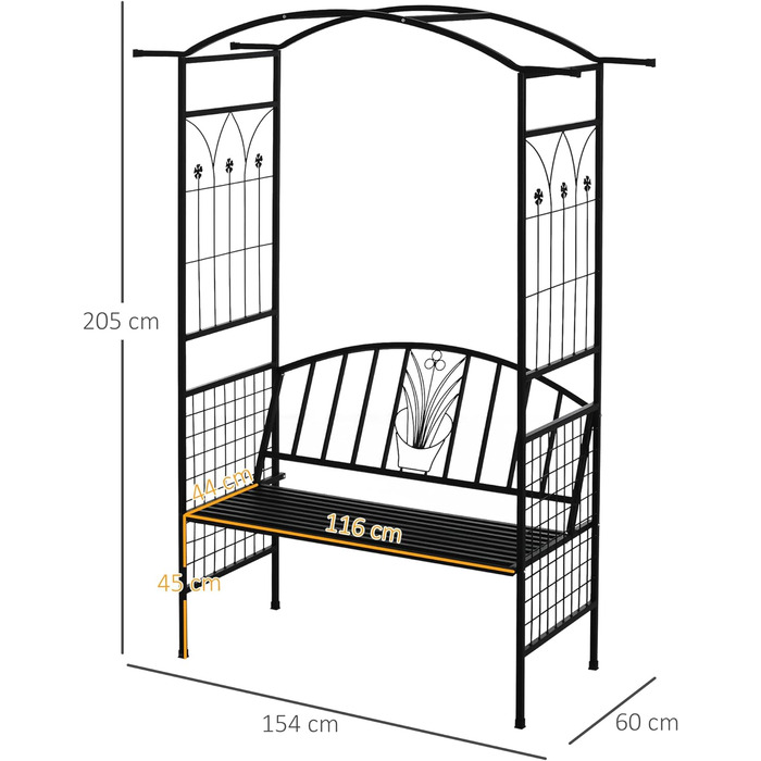 Аутсонячна посадкова арка з лавкою Лавка Арка Решітка Садова арочна покрівля металева Чорна 154 х 60 х 205 см