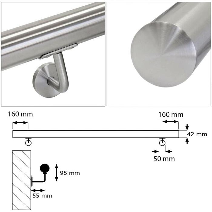 Поручні з нержавіючої сталі Перила для сходів Перила Настінні поручні Стінові сходи 40-1000 см V2Aox, довжина 80 см