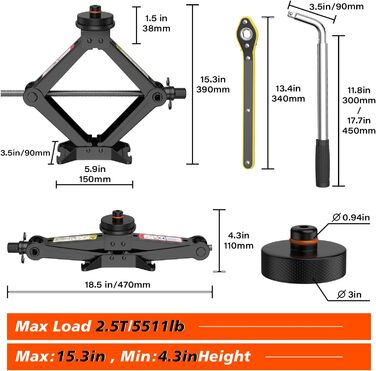 Комплект домкратів IMAYCC 2.5T для Tesla Model 3/Y/S/X з гумовою накладкою Jack, Jack Pad Tesla, 2500 кг Ножичний домкрат для адаптера Tesla Аксесуари з тріскачкою для заміни шин Jack Pad Ключ з храповим ключем