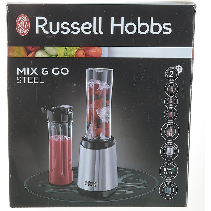 Блендер Russell Hobbs - міксер і смузі-машина на винос потужність двигуна 23 500 об/хв в т.ч. 2 шт. глечик блендера 600 мл (без бісфенолу А, посудомийна машина та кришка, що не б'ється) Подрібнювач, нержавіюча сталь, 23470-56