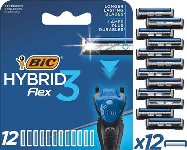 Леза для бритви BIC для чоловіків Razor Hybrid 3 Flex, 12 заправних пакетів для вологої бритви з 3 титановими лезами, 8 заправних лез