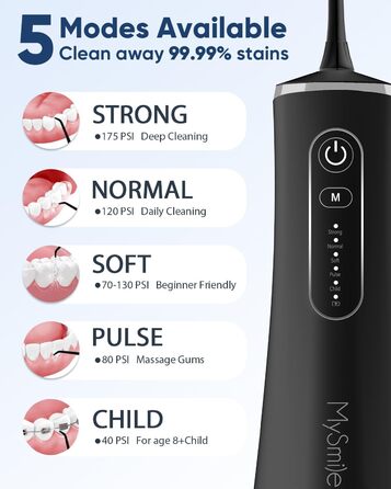 Портативний, акумуляторний іригатор для порожнини рота з 5 режимами очищення, IPX7, водонепроникний, потужний акумуляторний очищувач зубів із 4 насадками променя (чорний)