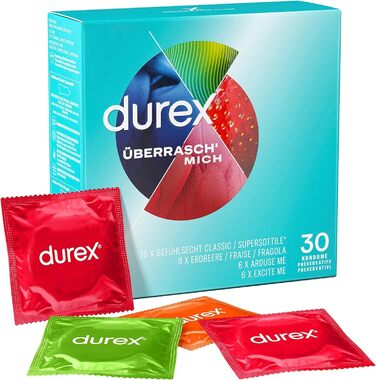 Презервативи Durex Surprise Mix захоплююче різноманіття, практичні та непомітно упаковані для безпечного сексу та додаткової стимуляції оптова упаковка з 30 шт.