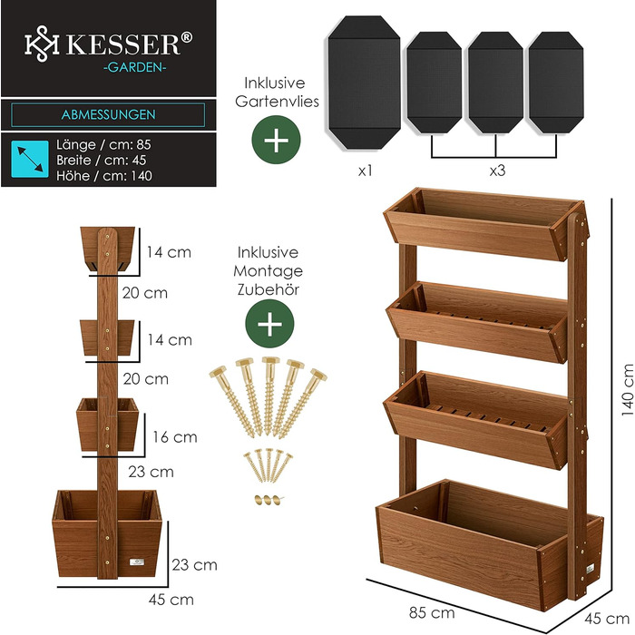 Підйомна грядка KESSER з рівнями, ящик для квітів преміум-класу, сходи для квітів, сходи для рослин, грядка для овочів, грядка з травами, горщик для рослин, холодний каркас, клумба, ящик для рослин з садовим флісом - грядка (коричнева, 4 рівні)