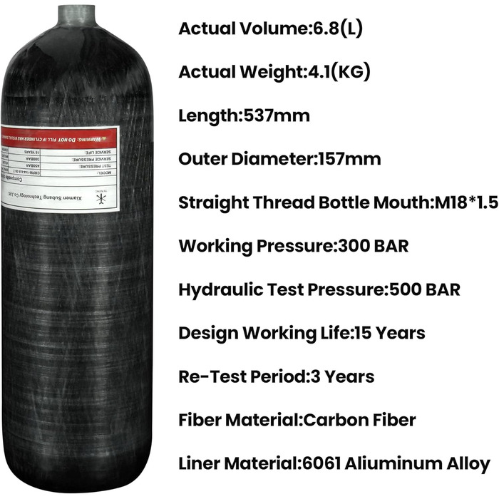 Повітряний бак з вуглецевого волокна TUXING 6.8 л 4500psi, порожня пляшка із заправною станцією для пейнтболу з манометром регулятора клапана