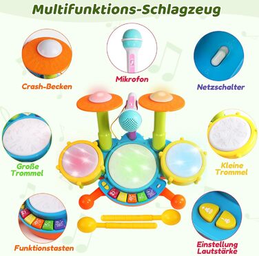 Барабанна установка дитяча іграшка - Музичні інструменти для дітей віком від 1 року і старше З дитячими віршиками та світловими функціями Дитяча музична іграшка барабан Дитяча ідея подарунка 1 2 роки хлопчики дівчатка