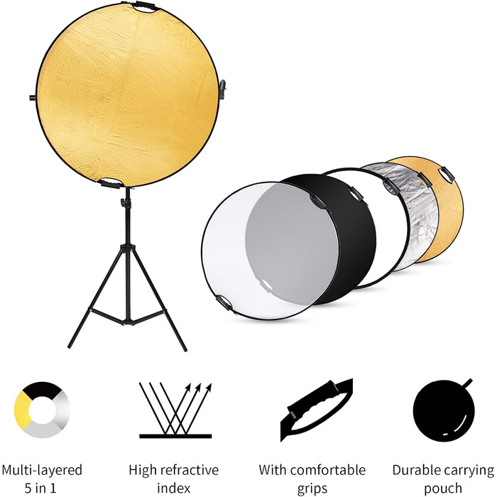 Круглий рефлектор Selens 5 в 1 110CM зі світловим штативом 200CM комплект для фотостудійної портретної зйомки, круглий відбивач Розсіювач Золото/Сріблястий/Білий/Чорний/Прозорий