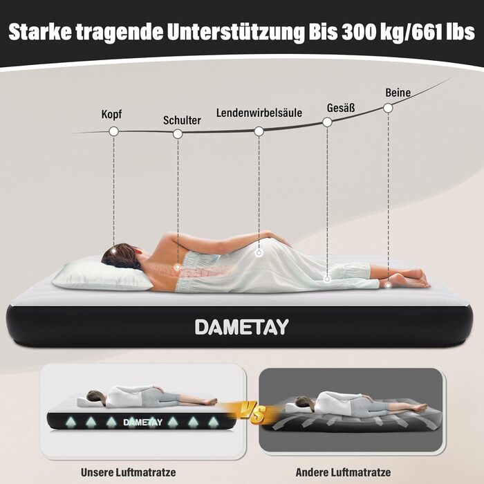 Надувне ліжко Dametay 2 особи надувний матрац самонадувний з вбудованим електричним насосом надувний матрац надувне ліжко для кемпінгу та дому 198 x 152 x 25 см Чорний з білим