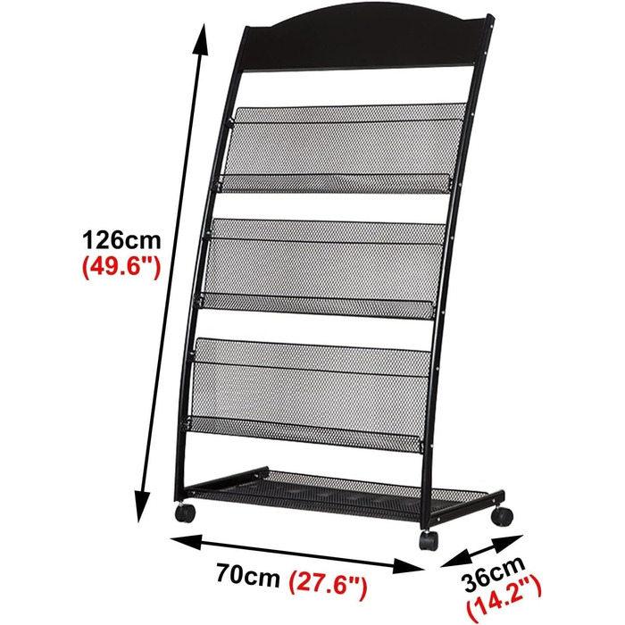 Переносний стелаж для журналів на колесах, чорний стелаж для журналів, сталевий стелаж для зберігання літератури для брошур / каталогів / листівок