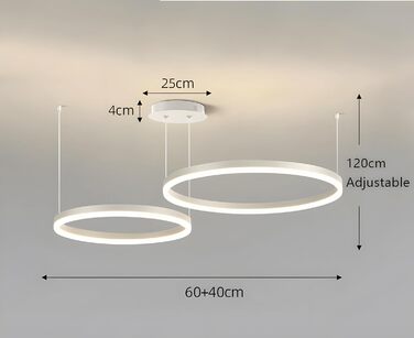 Металева світлодіодна люстра WayLuoung 3 кола 204060см Стельовий підвісний світильник 45 Вт Rings, пульт дистанційного керування з регулюванням яскравості 3000-6000K, підвісний світильник з акриловим абажуром, вітальня Спальня Фойє Їдальня (Білий, 26040 с