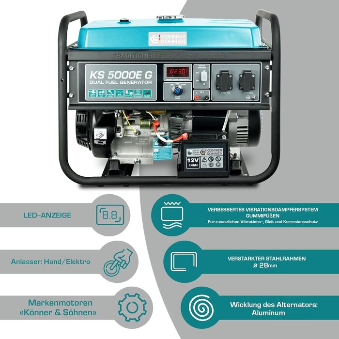 Генератор на зрідженому газі K&S Knner&Shnen KS 5000E G серії DUAL FUEL, аварійний генератор 4500 Вт, ручний/електрозапуск, 2х16А, 12 В, генератор з (AVR), генератор, генератор захист від короткого замикання синій 5000e G