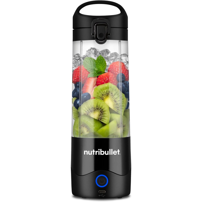 Портативний блендер nutribullet, кружка з тритану без бісфенолу А 475 мл, міні-блендер із 4-точковим лезом з нержавіючої сталі, багатофункціональний блендер, зарядний пристрій USB-C, 15 блендерів, NBP003B, чорний чорний ЄС