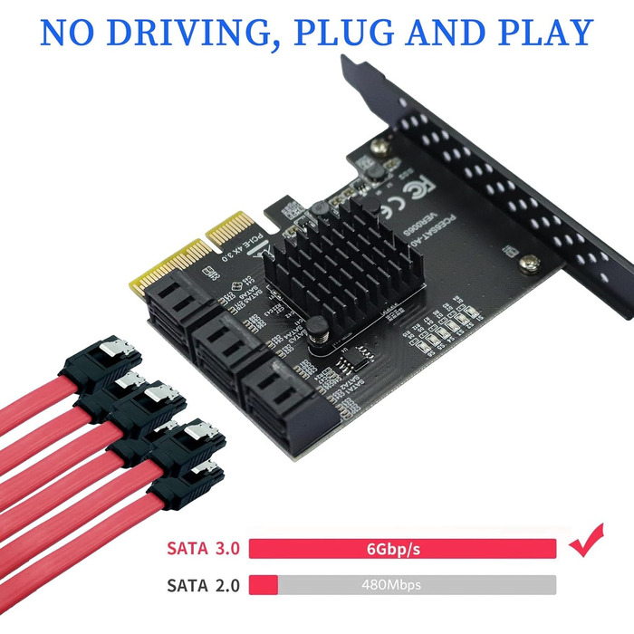 Карта 6 портів, 6 Гбіт/с 4 шт. SATA 3.0 PCIe карта, PCIe до SATA контролера плата розширення без рейду з 6 кабелями SATA низькопрофільний кронштейн, Plug and Play Windows, Linux система ASM1166 чіп 6 портів 4x-чорний