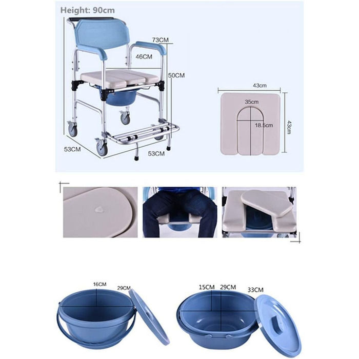 Туалетний стілець для туалету з вуграми та педаллю, міцний, 139 кг, портативне крісло-біде, душ та крісло для ванни для людей похилого віку з обмеженими можливостями