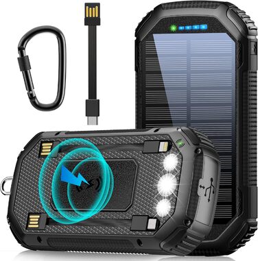 Сонячний зарядний пристрій Solar Powerbank 36000 мАг з 3 входами USB-C, 15 Вт швидка зарядка, з ліхтариком, чорний