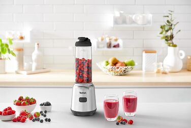 Міні-міксер Tefal BL15FD Mix and Move, 300 Вт, 2 пляшки на винос преміум класу Tritan, компактний дизайн, легко чиститься, знімні леза, керування однією кнопкою, сріблястий/сірий