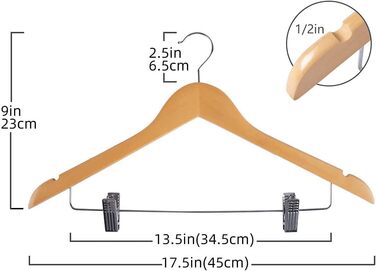 Дерев'яна вішалка для одягу з регульованими металевими зажимами, з масиву дерева, поворотний гачок на 360, преміум-вішалка для піджака, спідниці, пальто, сукні, блузки, 10 шт. (натуральне дерево)
