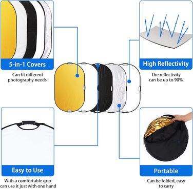 Овальний рефлектор Selens 5-в-1 Портативний складний для фотографії Освітлення фотостудії Зовнішнє освітлення Студійний дифузор Відбивач напівпрозорий, білий, чорний, сріблястий, золотий поверхня (150X200 см)