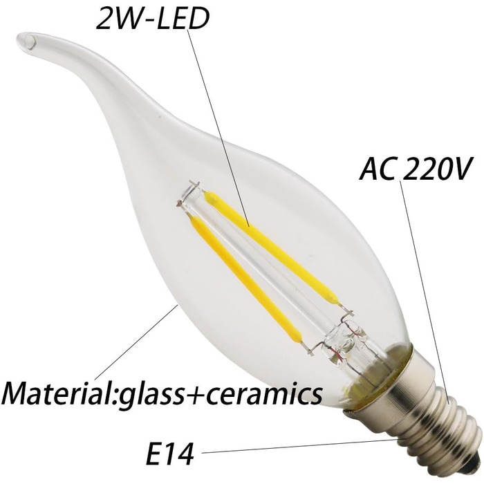 Нові світлодіодні лампи-свічки з гвинтом Едісона, 2 Вт LED, C35L, змінний струм 220-240 В, Лампа-свічка, хвостова лампа-свічка, Теплий білий 2700 К, без регулювання яскравості, 180 Люмен, Кількість 12 шт. (220 В 2 Вт), 14