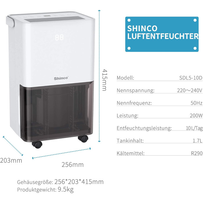 Осушувач повітря SHINCO 10 л, електричний, кімнатний осушувач повітря з датчиком вологості, для 45 м