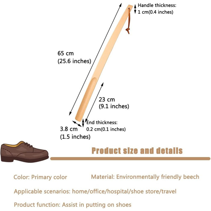 Для жінок, літніх людей, класичний простий помічник з букового взуття, 5 розмірів на вибір, підйомник для взуття, простий у використанні для дому, подорожей, ріжк для взуття з шийним ремінцем (колір 65*3,8 см основний колір