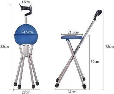 Складні милиці з сидінням, милиці стілець для людей похилого віку, чотириногі милиці стілець багатофункціональний легкий алюмінієвий роллер, складні милиці легкий стілець / синій