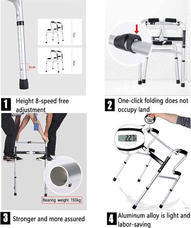 Складні ходунки для людей похилого віку з алюмінієвими передніми колесами, з 2 колесами, для дорослих, регульовані складні ходунки, легкі, портативні, компактні, допоміжні для ходьби для людей похилого віку