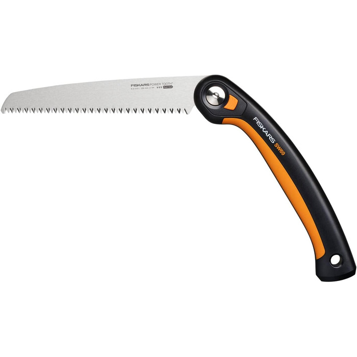 Складна пила Fiskars Plus, для товстих колод і гілок, 3 положення різання, гостре лезо з електроприводом, груба зубчастість, довжина леза 21 см, чорний/помаранчевий, пила SW69, 1067553 (полотно 20 см)