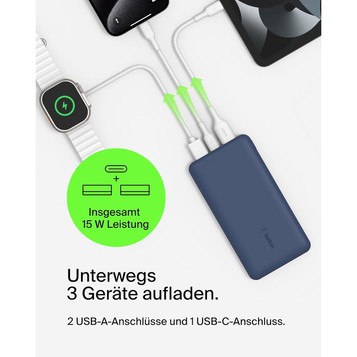 МАг, 1 порт USB-C і 2 порти USB-A для зарядки iPhone, AirPods, iPad, Android або інших пристроїв потужністю до 15 Вт) - синій, 10 000