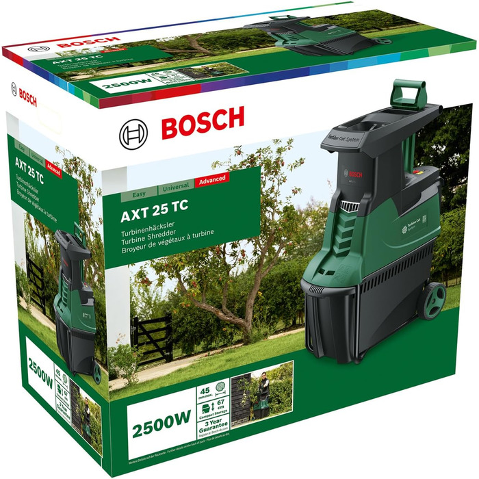 Турбінний подрібнювач Bosch для дому та саду Bosch AXT 25 TC (2 500 Вт підходить для деревини та твердих садових відходів інтегрований ящик для збору 53 л у картонній упаковці) Новий дизайн Подрібнювач турбін Classic Green AXT 25 TC I