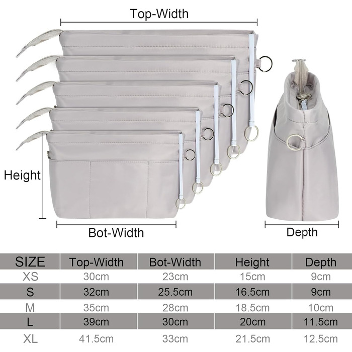 Організатор для сумочки з брелоком для сумочки водонепроникний, внутрішні кишені для сумочки, органайзер для косметики на блискавці сірий -XS Сірий XS